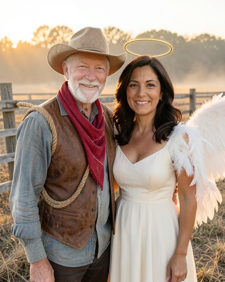 Halloween couple costume AI example: older man as a dusty cowboy beside a woman with white feathered wings and a gold halo at a ranch fence