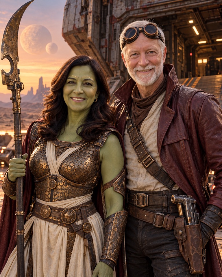 Halloween couple costume AI example: older man as a leather-coated space outlaw beside a woman in jade-green body paint and bronze scale armour holding a crescent glaive