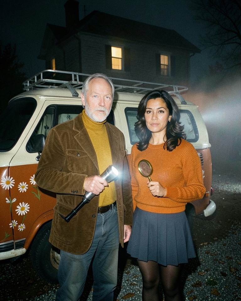 Halloween couple costume AI example: older man with a flashlight and woman with a magnifying glass in 1970s outfits by an orange camper van in fog
