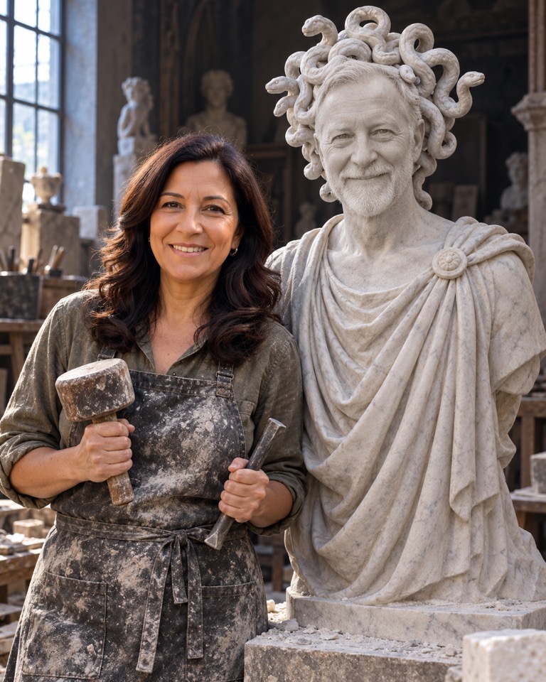 Halloween couple costume AI example: woman sculptor with mallet and chisel beside the older man rendered as a pale marble statue with carved serpent curls
