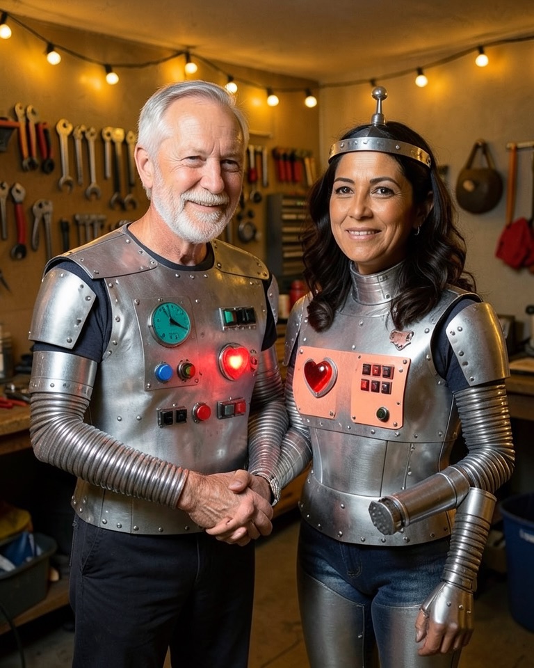 Halloween couple costume AI example: older man and woman in boxy silver retro robot suits with glowing red heart panels holding hands in a garage